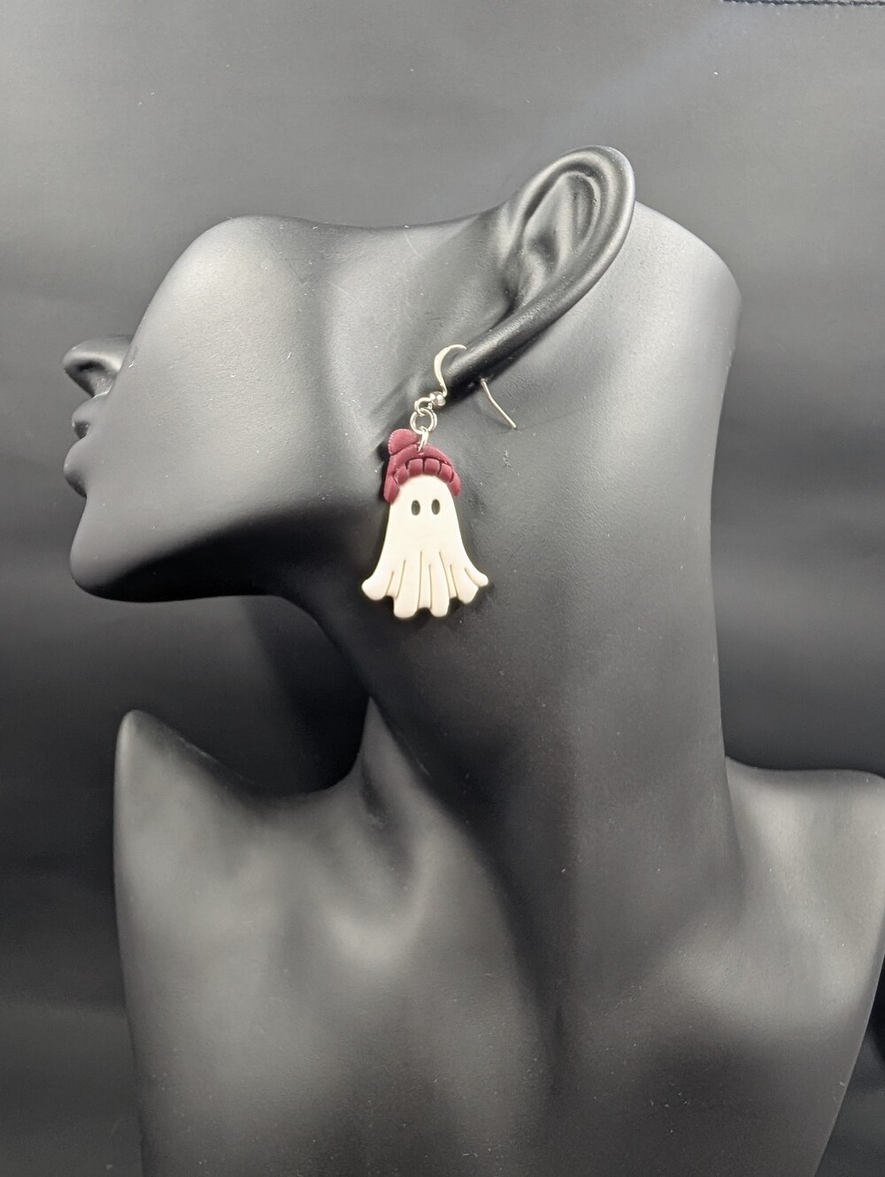 Handmade White Ghost Drop Earrings with Burgundy Toque